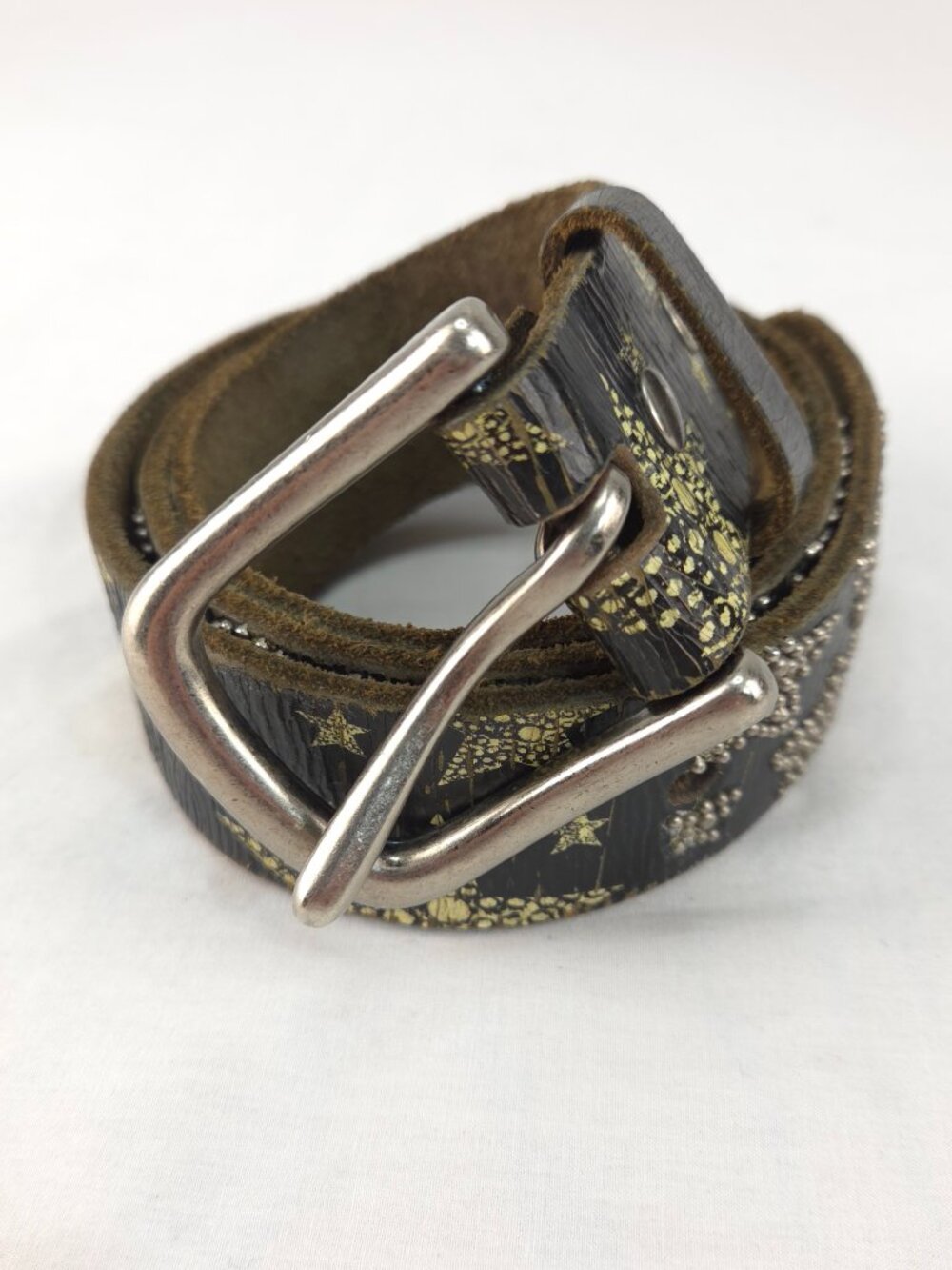 Leather Island Black Studded Star Design Unisex Leather Belt w/ Metal Buckle